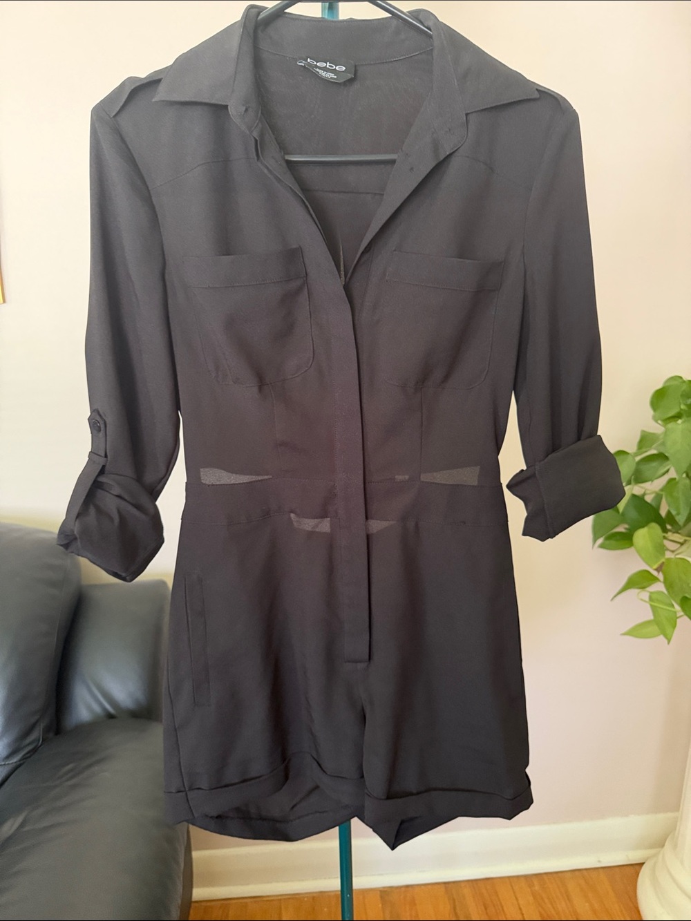 bebe Black Sheer-Waist Utility Romper